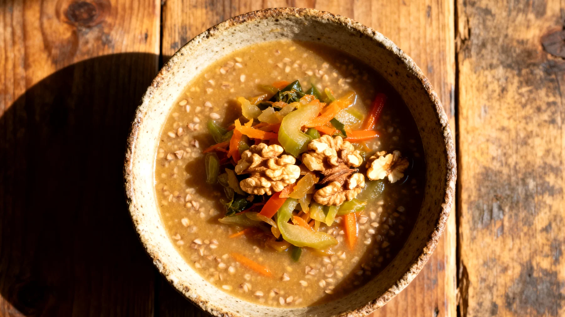 Buchweizen-Miso-Bowl mit fermentiertem Gemüse und Walnüssen"