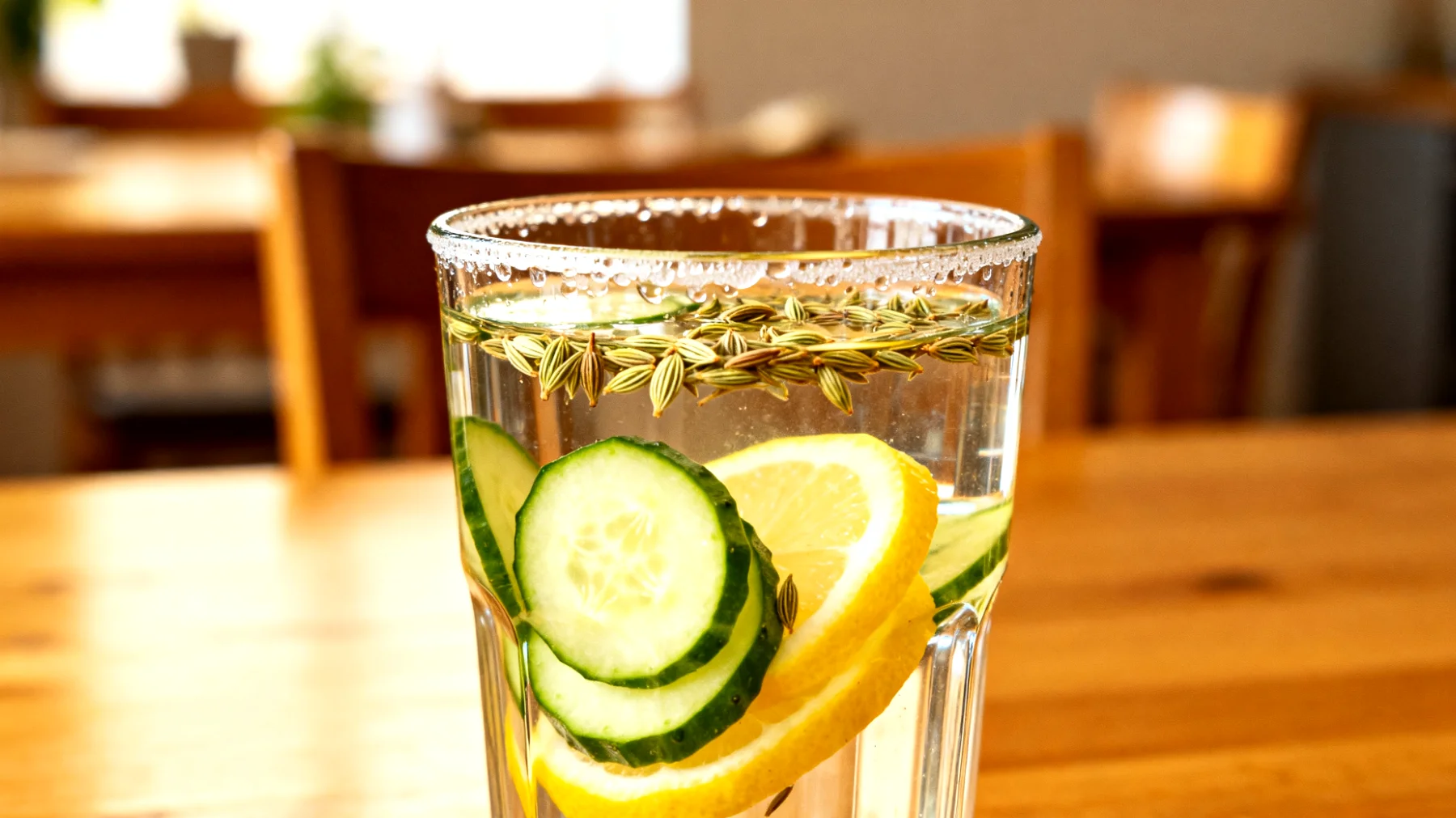 Gurkenwasser mit Fenchelsamen und Zitrone (als Getränk zur Mahlzeit)"
