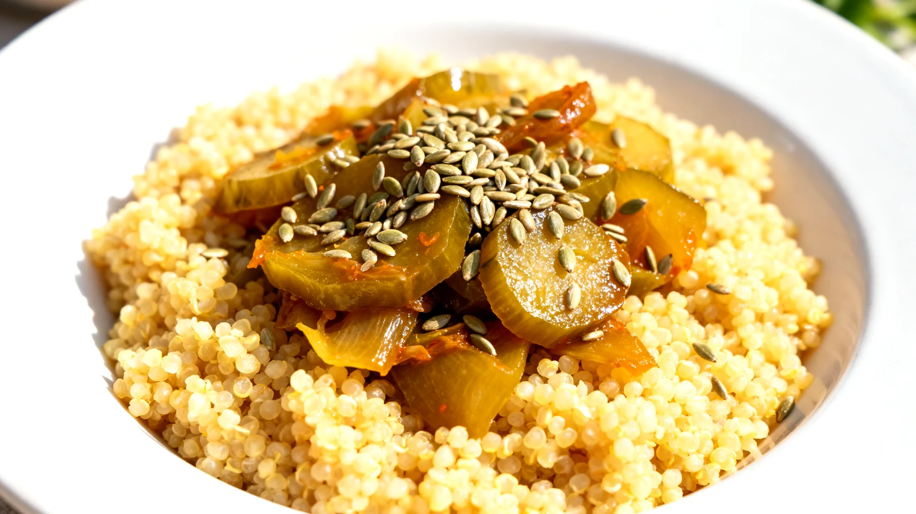 Hirse-Bowl mit fermentiertem Gemüse und Hanfsamen"