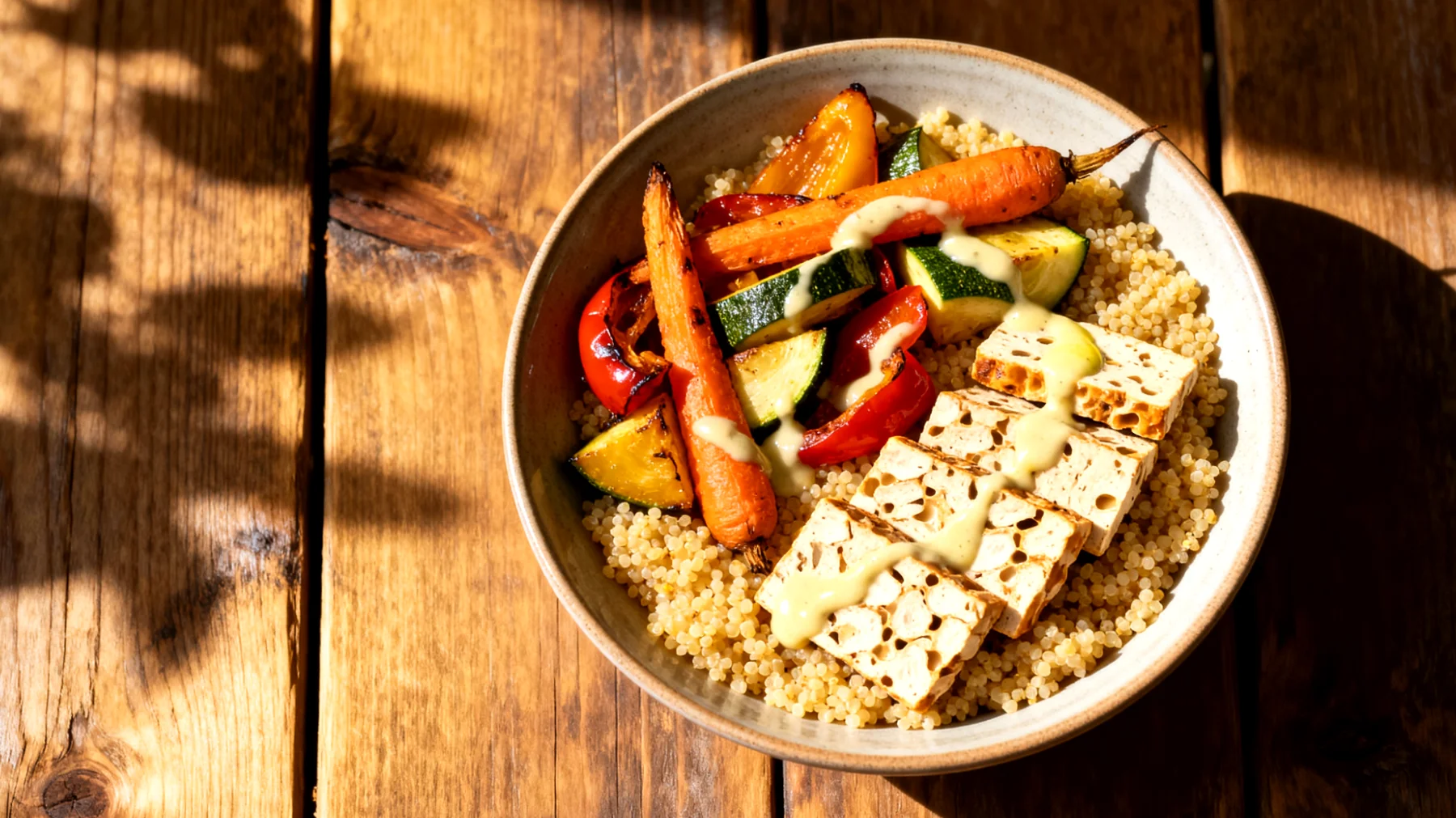 Hirse-Gemüse-Bowl mit fermentiertem Tempeh und Tahin-Zitronen-Dressing"