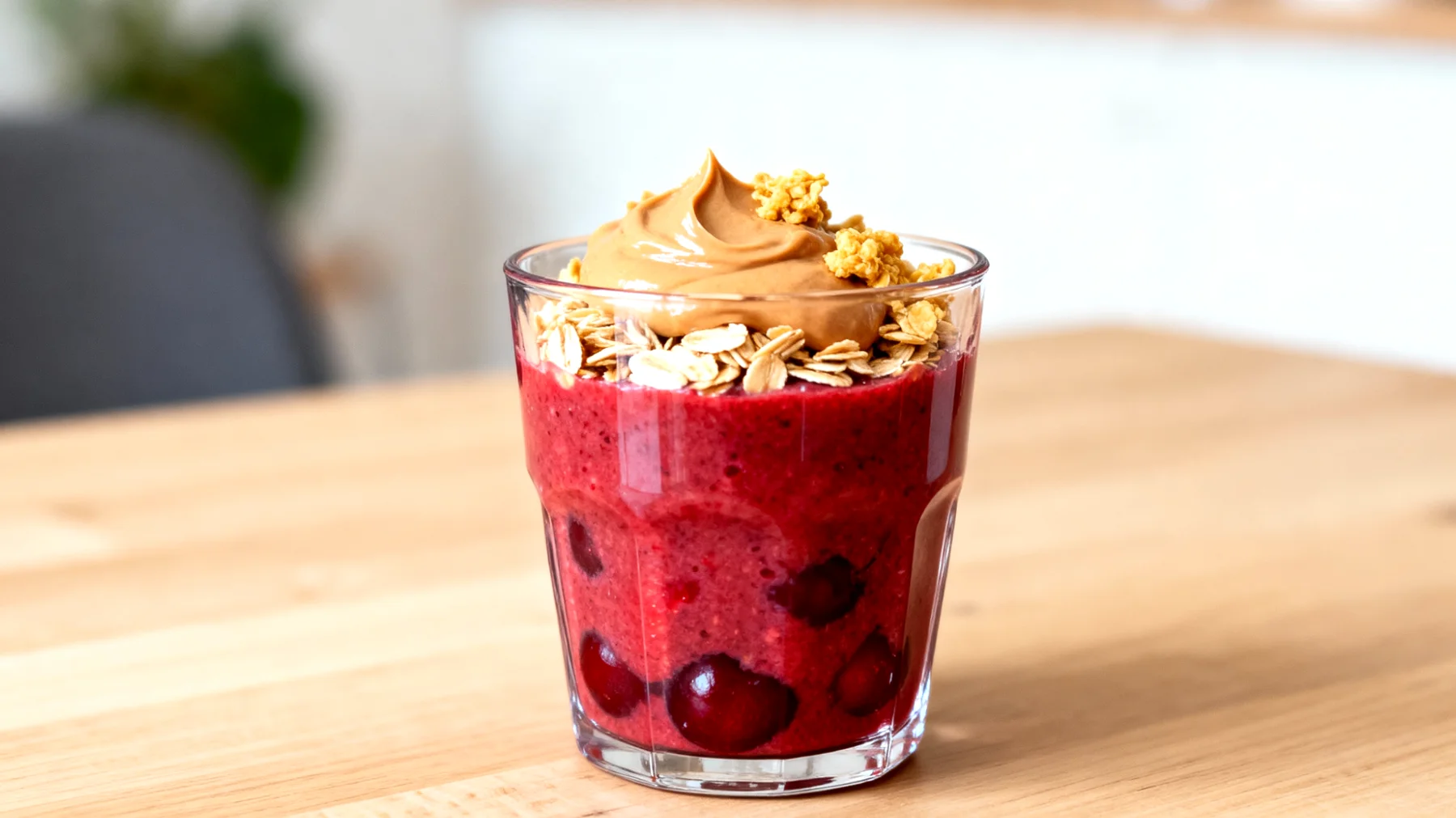 Sauerkirschsaft mit Mandelmus und Haferflocken"