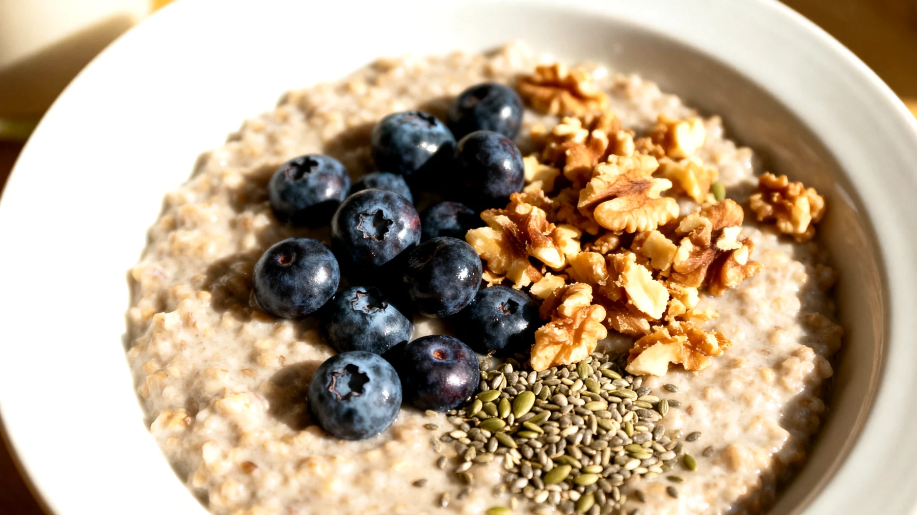 Walnuss-Buchweizen-Porridge mit Blaubeeren und Hanfsamen"