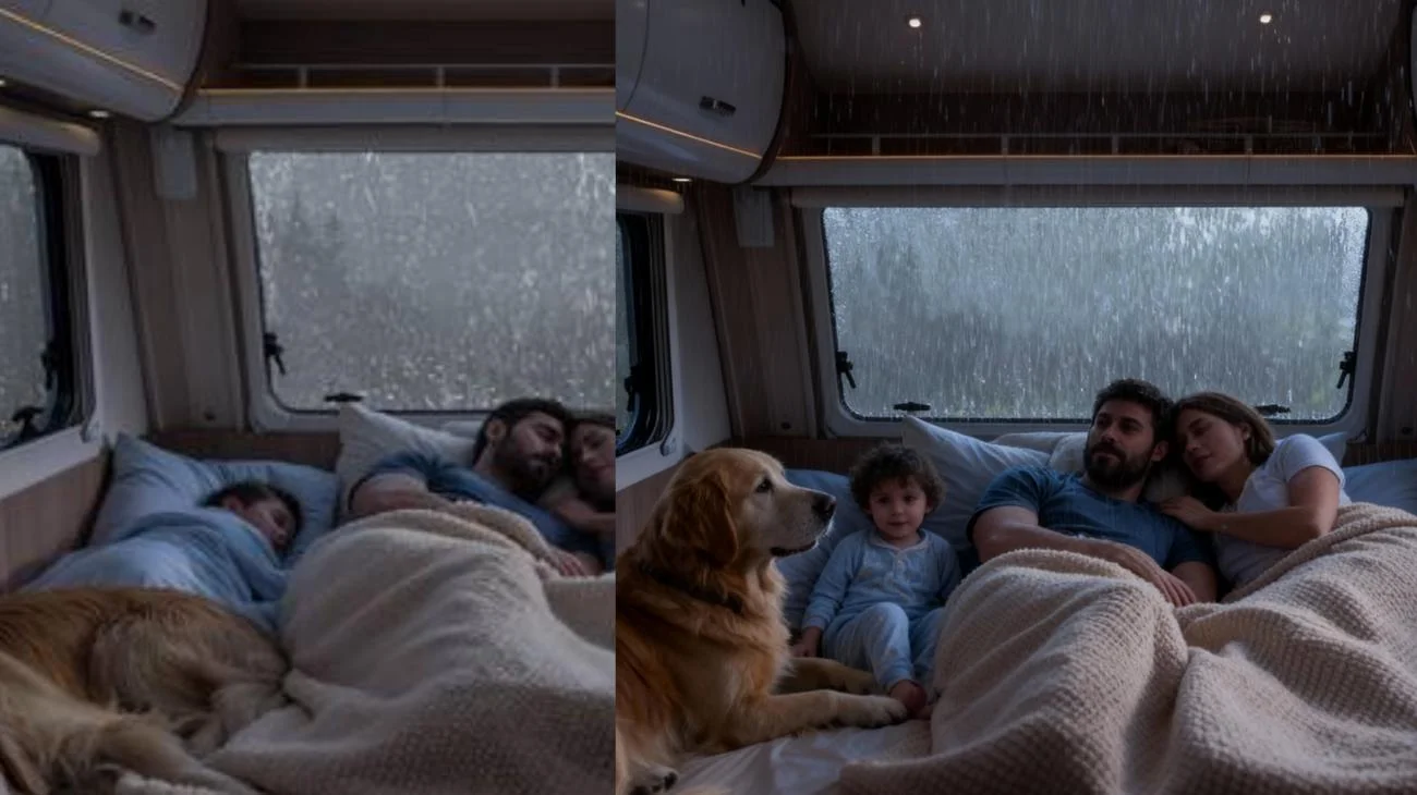 Während der Regen draußen fällt, schlafen wir zusammen sicher und warm 🚐🌧️. #regen #schlafen #entspannend #asmr #camping"